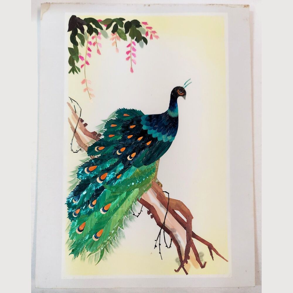 Peacock Hand Cut & Painted Wheat Stalk on Silk 9"x12" Vintage Asian
